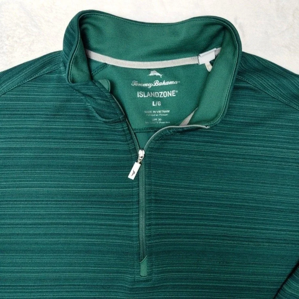 Tommy Bahama Pullover Mens L Green IslandZone 1/4 Zip Mock Neck Striped Golf